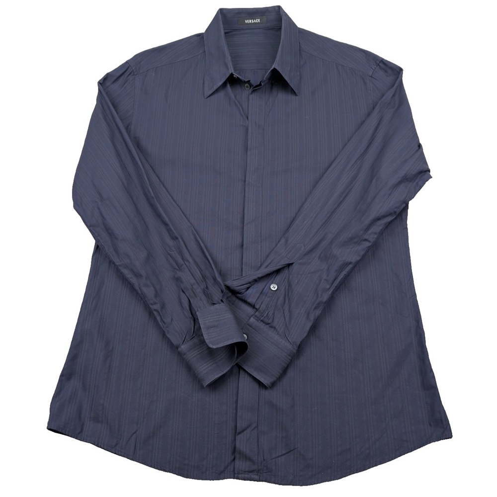 Versace Dress Shirt Mens IT 52‎ US XL Blue Pinstripe Textured Weave Button Down